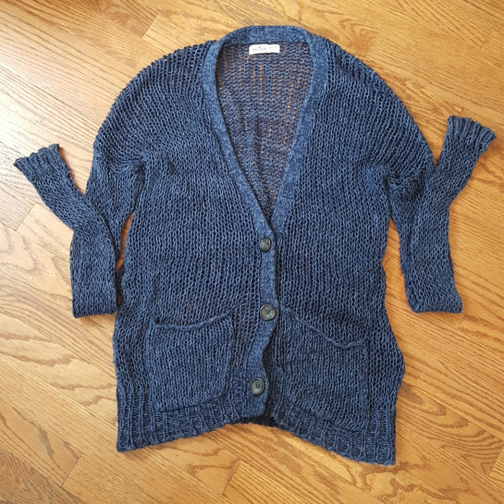 Hollister open knit navy blue crochet cardigan front pockets Y2K Size XS Small